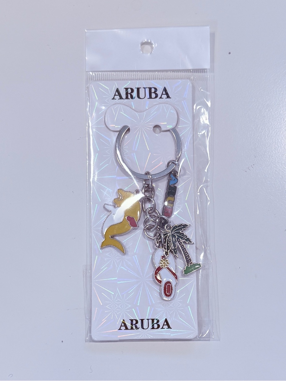 Aruba Dolphin, Flip Flop & Palm Tree Keychain - Yellow, Silver, Red, Green